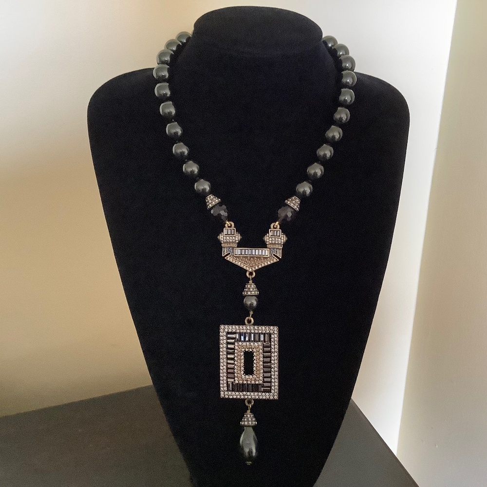 Heidi Daus Tahitian Glass Pearl Crystal Drop Necklace Hematite